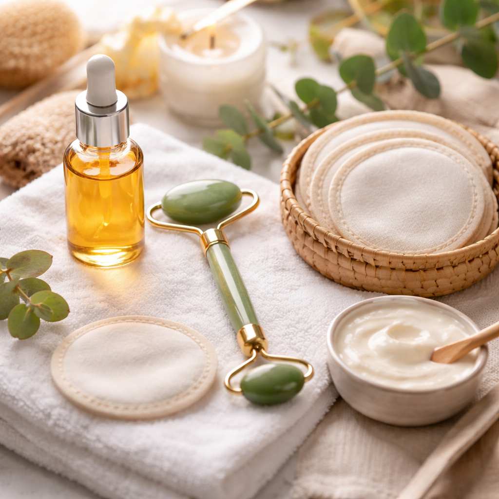 At-home spa skincare tools with facial roller and reusable cotton pads
