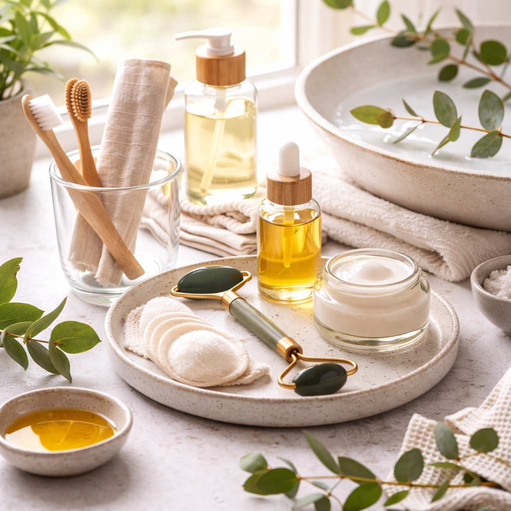 How to Build a Sustainable Skincare Routine: “Sustainable skincare essentials with jade roller, moisturizer, and cotton pads