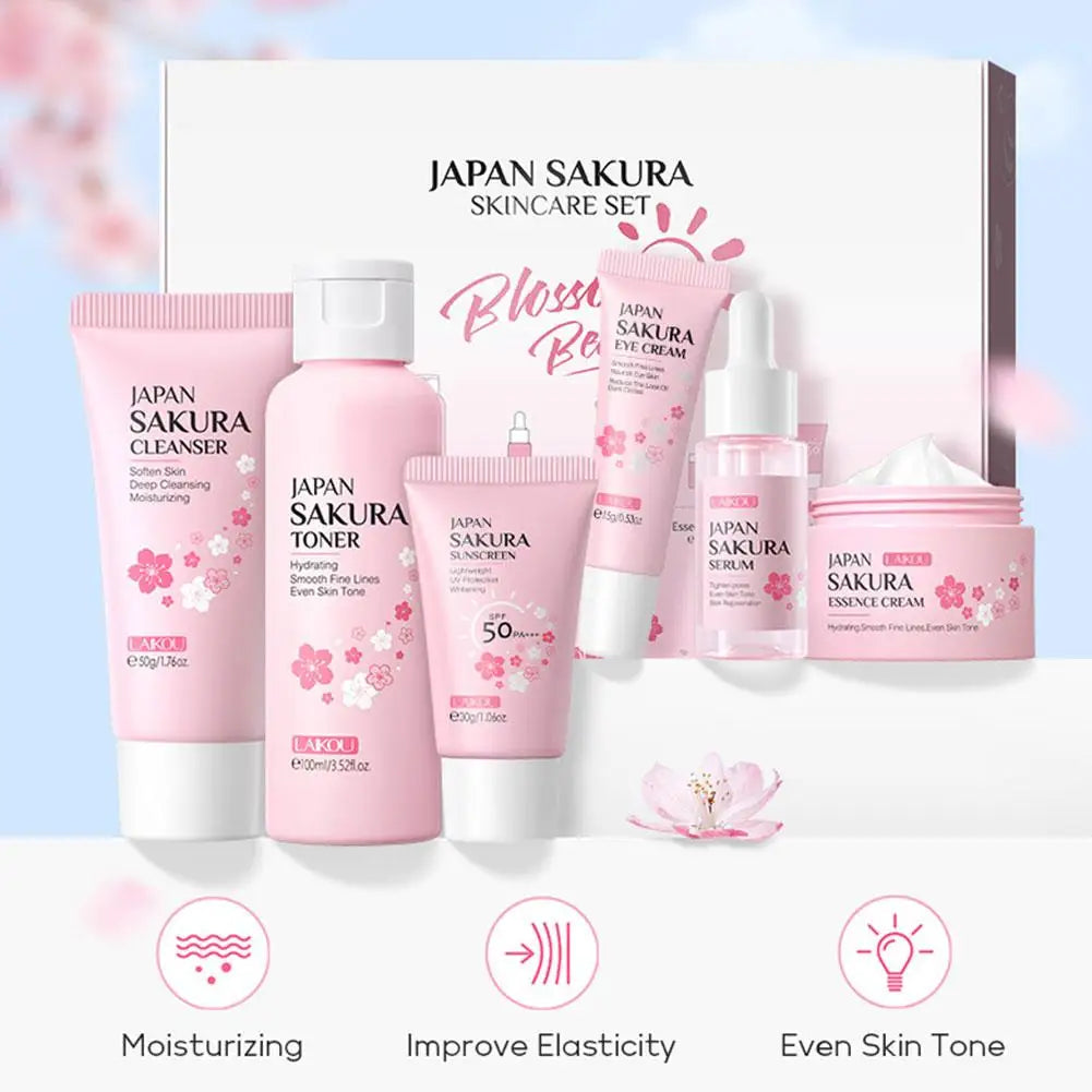 Sakura 6-Piece Skincare Set – Hydrating Face Cream, Serum & Toner