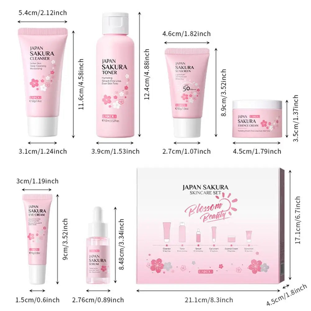 Sakura 6-Piece Skincare Set – Hydrating Face Cream, Serum & Toner