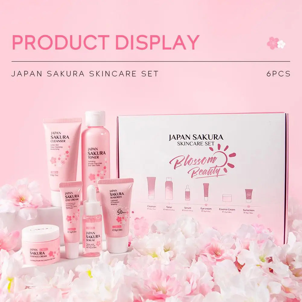 Sakura 6-Piece Skincare Set – Hydrating Face Cream, Serum & Toner