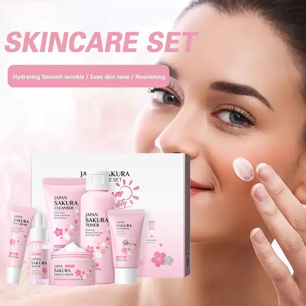 Sakura 6-Piece Skincare Set – Hydrating Face Cream, Serum & Toner
