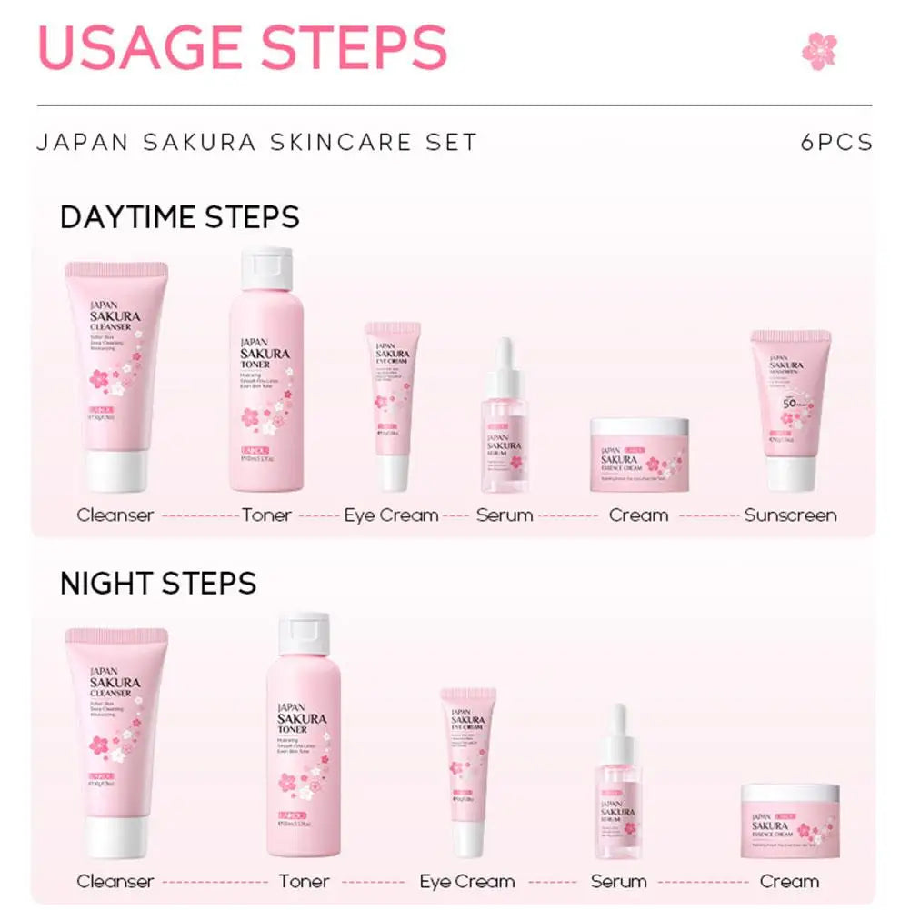 Sakura 6-Piece Skincare Set – Hydrating Face Cream, Serum & Toner