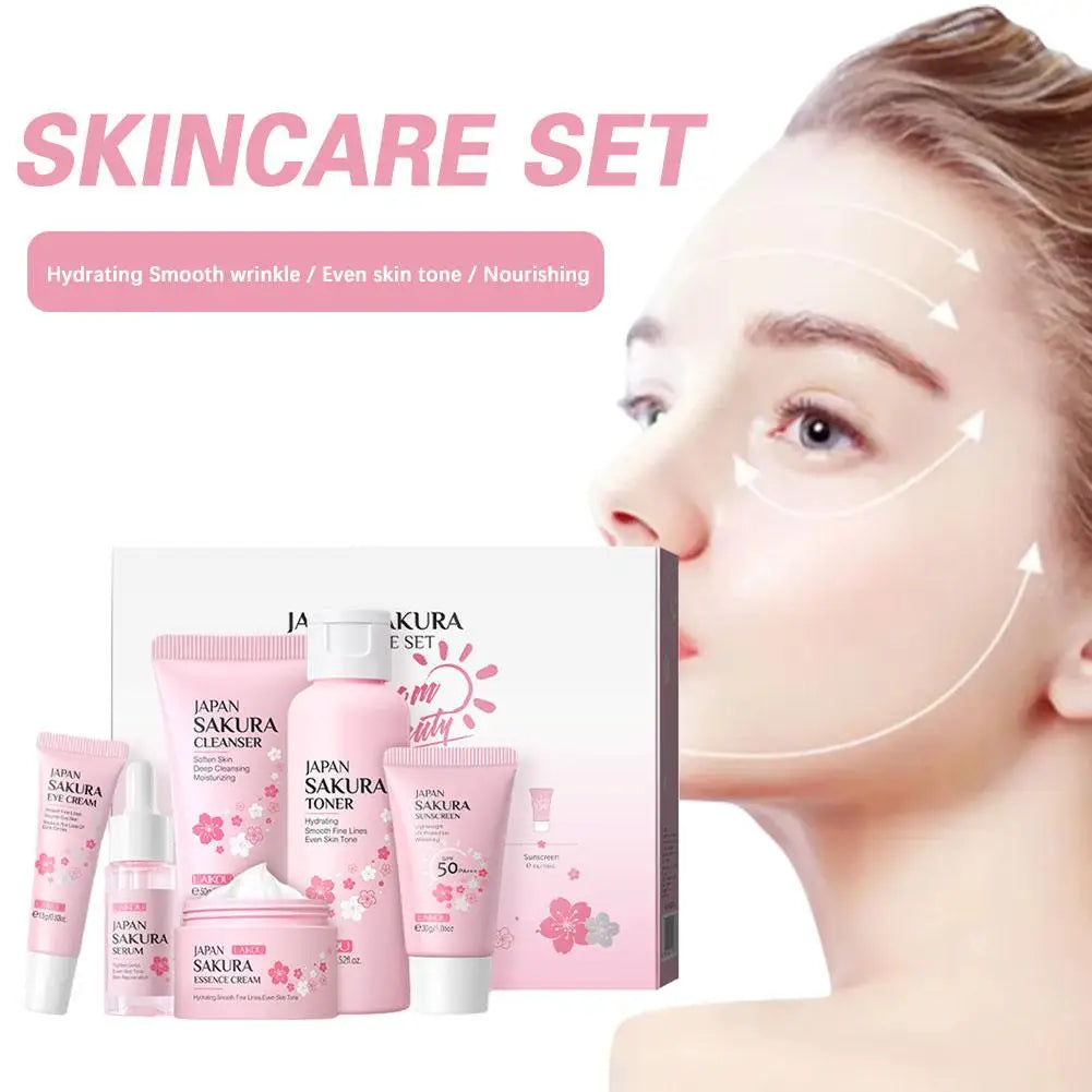Sakura 6-Piece Skincare Set – Hydrating Face Cream, Serum & Toner