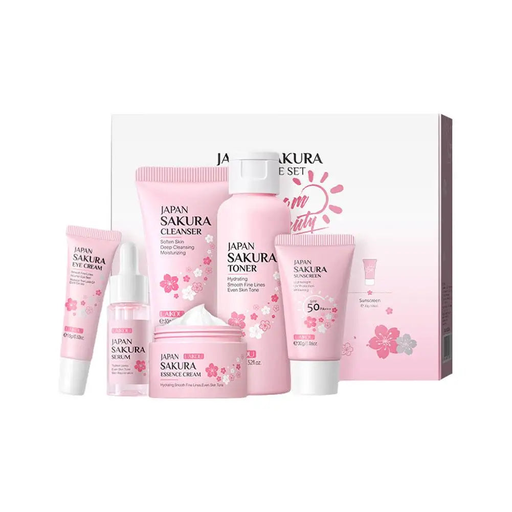 Sakura 6-Piece Skincare Set – Hydrating Face Cream, Serum & Toner
