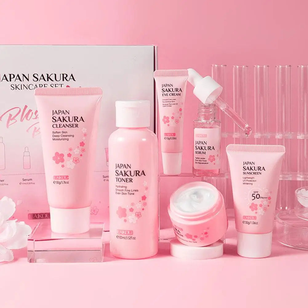 Sakura 6-Piece Skincare Set – Hydrating Face Cream, Serum & Toner
