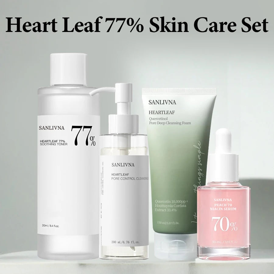 Heart Leaf 77% Skin Care Set with various skincare products on a light gray background
